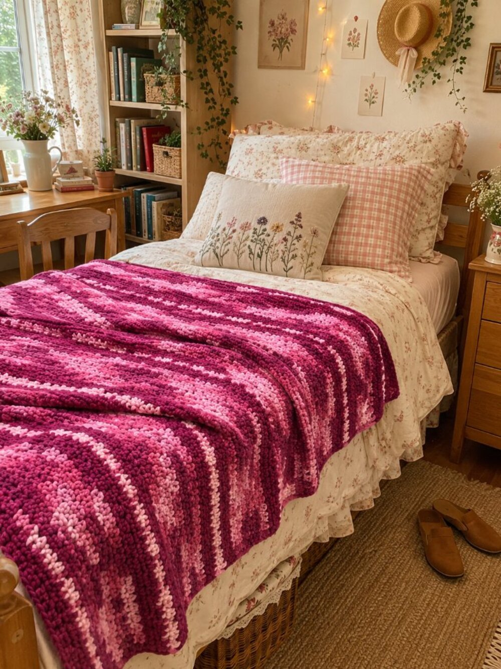 New Handmade Cottage Pink & Magenta Striped Design Tight Knit Crochet Blanket